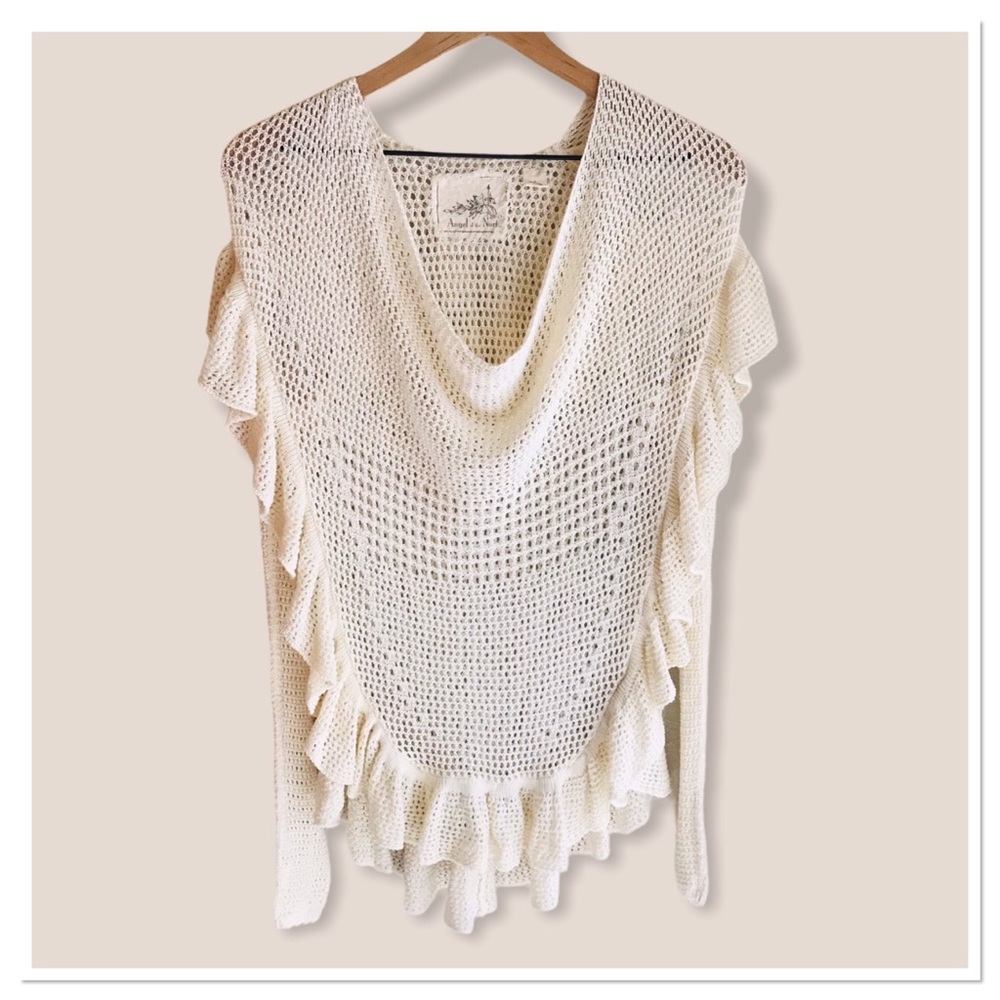 Anthropologie Angel Of The North Knit Sweater Sheer Ruffle Top Ivory Size Small